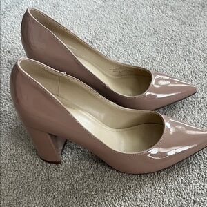 Marc Fisher Nude Patent Pointed-Toe Block Heel Pumps 31/2 inch heel